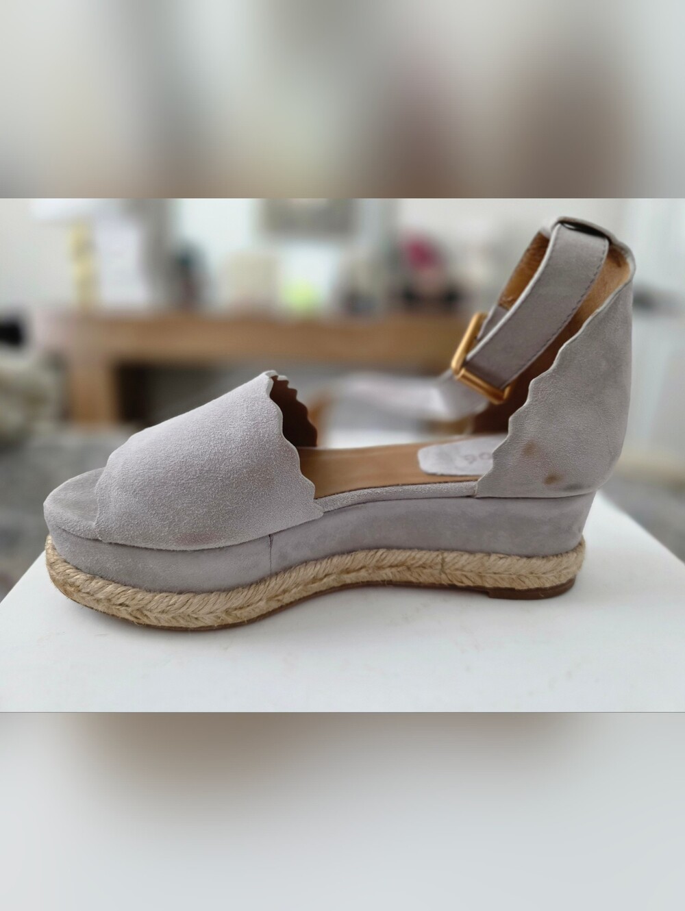 Chloe Women’s Scalloped Espadrille Wedge Sandals in Elephant Gray - Picture 5 of 11